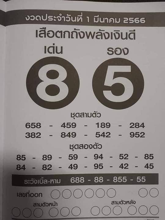 หวยเสือตกถังพลังเงินดี 66 เดือนมีนาคม