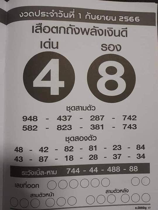 หวยเสือตกถังพลังเงินดี 66 เดือนกันยายน
